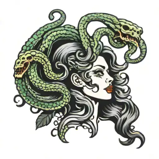 Medusa skull with snakes side profile traditional lady head tattoo design idea