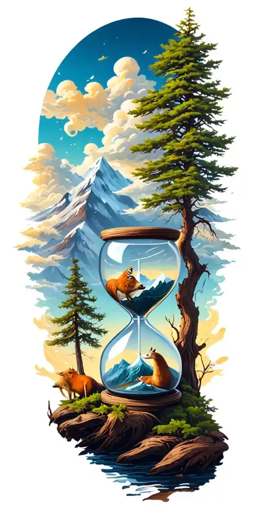 mountains, clouds, animals, hourglass , tree tattoo design idea