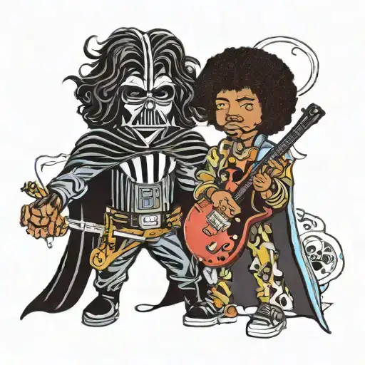 darth vader holds guitar and jimi hendrix holds a light saber tattoo design idea