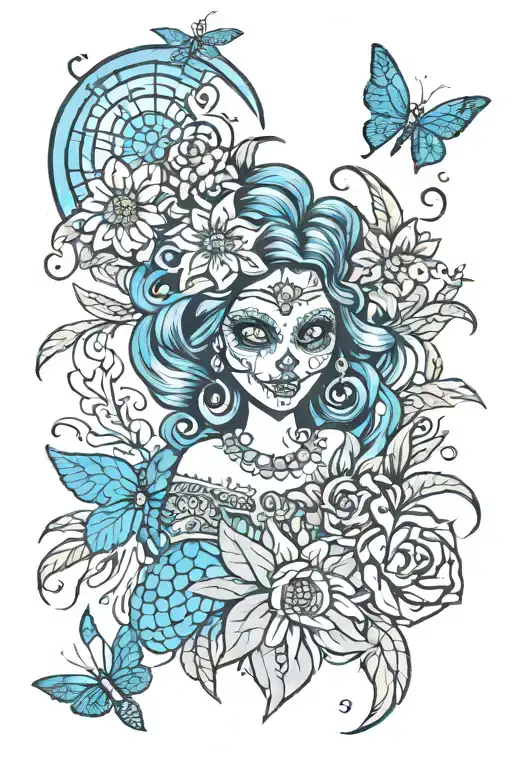 Hawaiian hula girl with a Sugar Skull surrounded by sea turtles, dragonflies, fire and ice. with a sunflower at bottom tattoo design idea