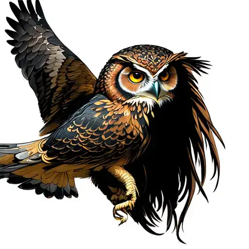 Athena Greek mythology head and owl flying tattoo design idea