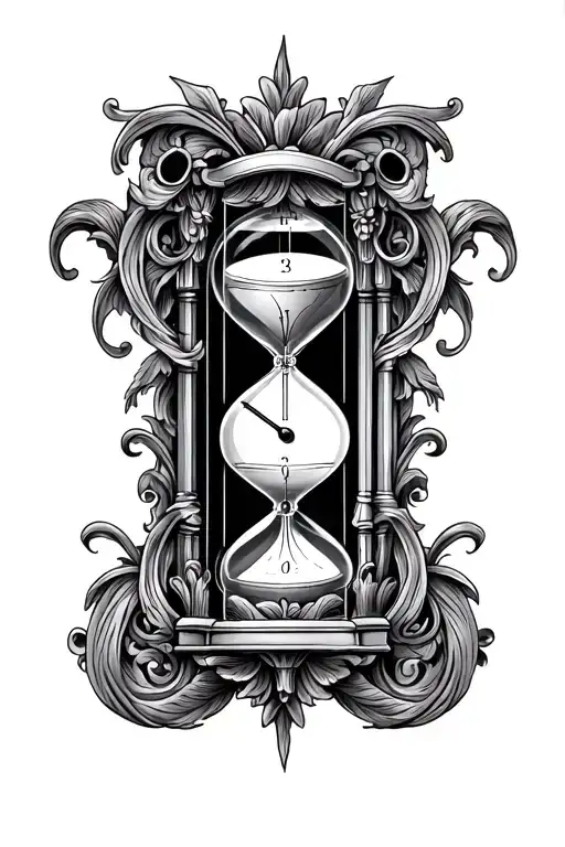 Black and grey baroque tattoo sleeve concept, metronome fused with hourglass as central motif, ornate acanthus frame, ca tattoo design idea
