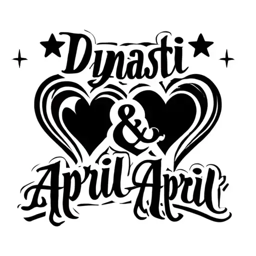 "Dynasti & April" "Dynasti & April"  name script hearts and stars tattoo design idea