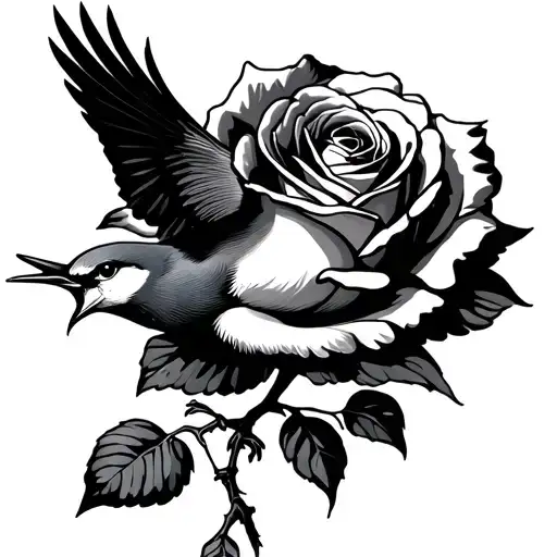 lark flying over a rose intertwined tattoo design idea