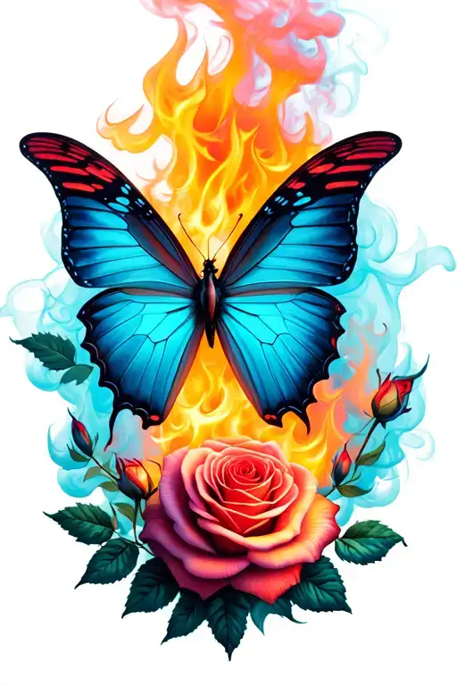 butterfly and roses with fire smoke  tattoo design idea