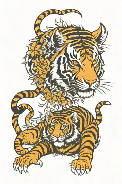 Intricate black and white pattern featuring a mighty tiger, a nimble rat, and a mischievous monkey, tattoo design idea