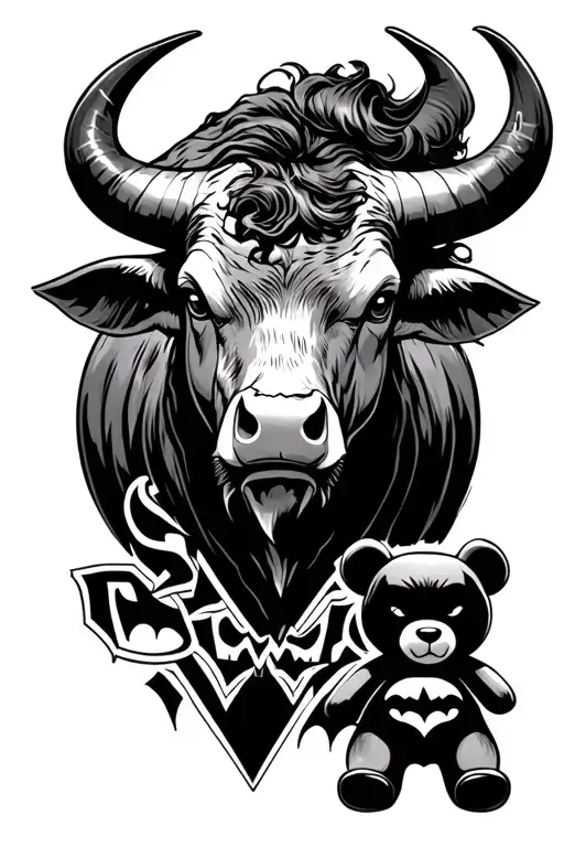 taurus bull with virgo zodiac sign with batman logo and teddy bear  tattoo design idea