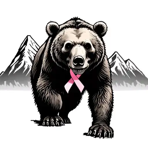 Grizzly bear walking, mountain range silhouette, sugar skulls with cancer ribbon  tattoo design idea