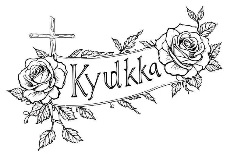 cross with roses and words saying kyduka tattoo design idea