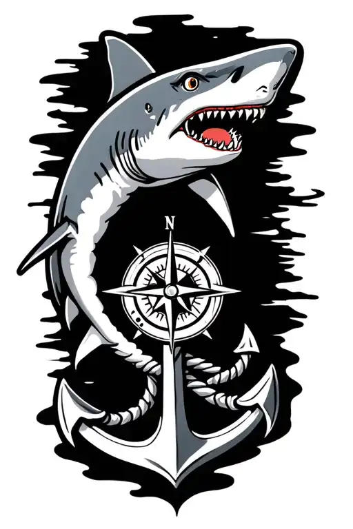 boat anchor and compass shark emerging tattoo design idea