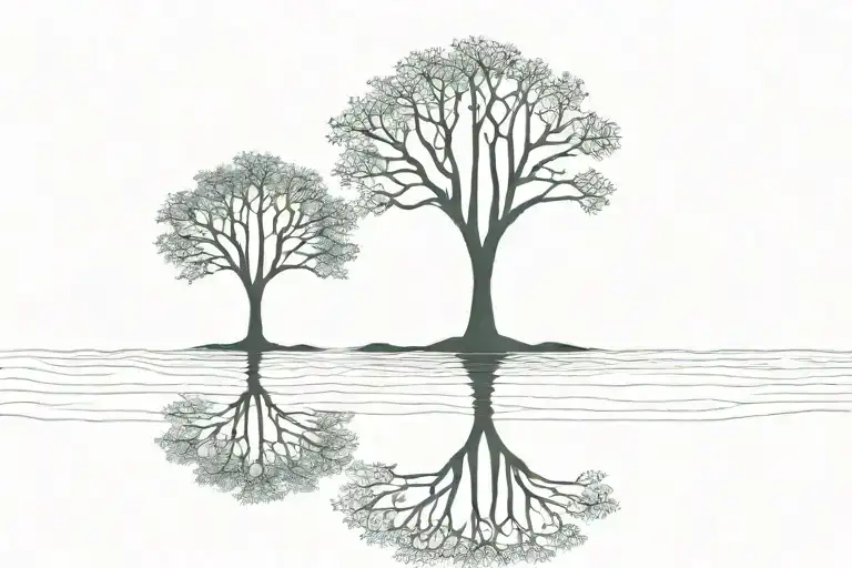 An abstract tattoo of a tree silhouette reflected in rippling water, symbolizing the connection between land and water tattoo design idea
