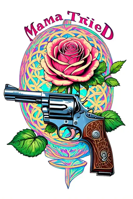 "Mama Tried" psychedelic Rose with the flower of life inside wrapped around a six shooter pistol tattoo design idea