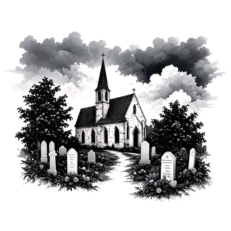 church abandoned with dark clouds and grave stones and black rose bushes tattoo design idea