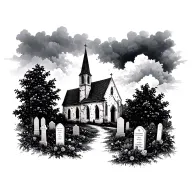 church abandoned with dark clouds and grave stones and black rose bushes tattoo design idea