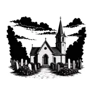 church abandoned with dark clouds and grave stones and black rose bushes tattoo design idea