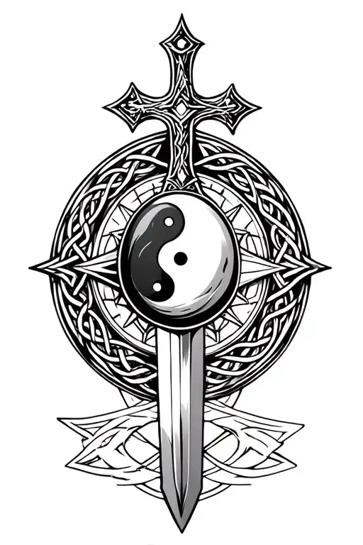 celtic cross but as a sword and near its guard a symbol which is a 8 pooint compass that has a yin yang egg as the middl tattoo design idea