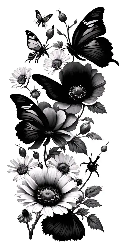 butterflies roses peony poppies hawthorne Daisies sweet pea flowers and bees tattoo design idea
