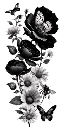 butterflies roses peony poppies hawthorne Daisies sweet pea flowers and bees tattoo design idea