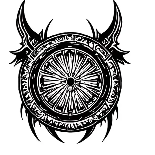 A black and white circular tattoo stencil, body armor design, tattoo design idea