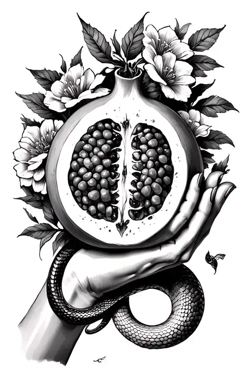 arm and hand holding a half pomegranate surrounded by flowers and a snake tattoo design idea