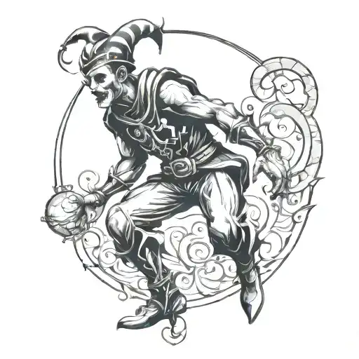 old school style black and grey jester full body dystopia tattoo design idea
