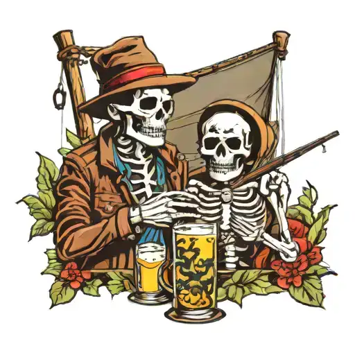 skeleton drinking highlife while fishing boat tattoo design idea