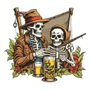 skeleton drinking highlife while fishing boat tattoo design idea