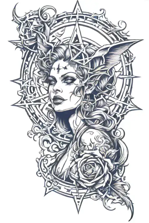 Lilith diablo video game with pentagram portrait tattoo design idea