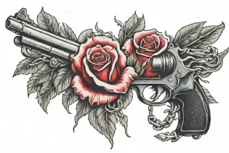 A beautiful rose with thorns on a bleeding heart, with guns to the side, lots of money behind. tattoo design idea