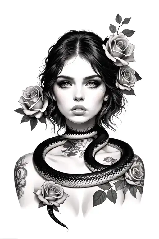 Realistic woman without pupils, calm expression. Snake wrapped around her neck. Roses around her  tattoo design idea