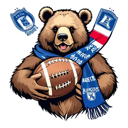 A traditional style tattoo of a bear holding a football and wearing a Rangers FC scarf tattoo design idea