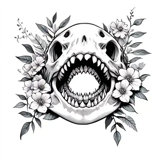 skeleton shark jaw with flowers and plants intertwined tattoo design idea