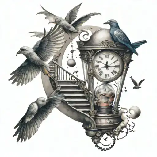 hourglass clock flying birds stairs moon stars forming tattoo design idea