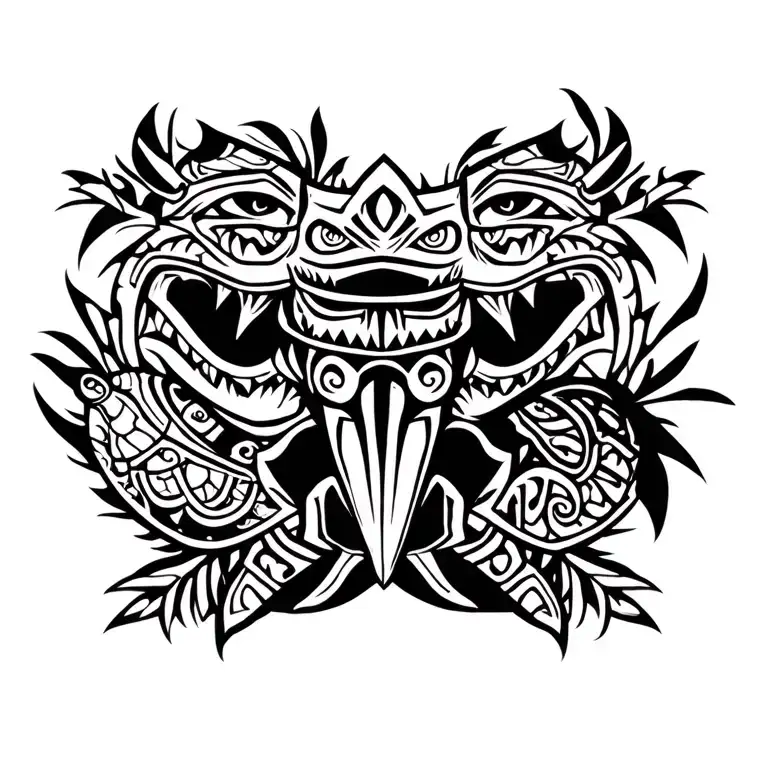 seperate Enata, Tiki, Shark tooth, and Turtle elements in a Polynesian tribal design on left chest tattoo design idea
