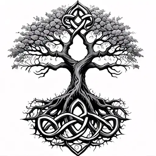 Celtic tree of life with Trinity knot intertwined in roots tattoo design idea
