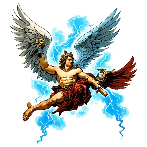 A neotraditional St Michael with a blue thunderstorm background tattoo design idea