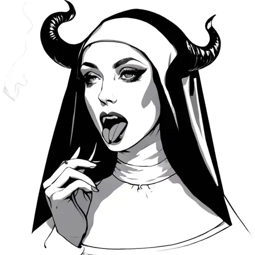 sexy gothic nun smoking with horns with tongue out tattoo design idea