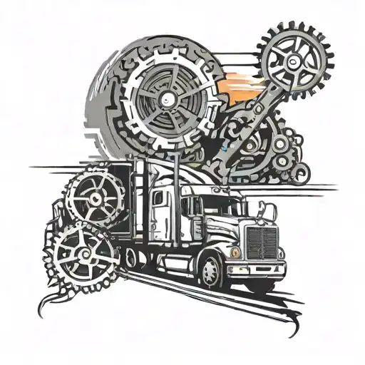 Design a black-grey tattoo of a truck driver's silhouette against a sunset backdrop, with gears and machinery incorporated into the design tattoo design idea