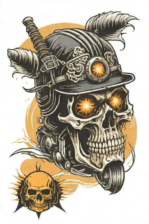 a smoked background and front of a skull rider wearing a kendo helmet on a motorcycle with a sunset inside the headlight tattoo design idea