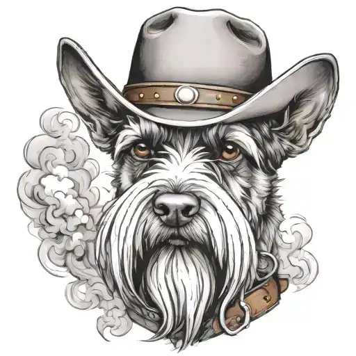 salt and pepper schnauzer with cowboy hat and brown eyes and a collar looking with smoke tattoo design idea