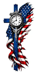 tribal with Christian cross and American flag featuring Father Time  tattoo design idea