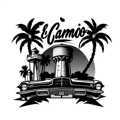 the name band in a gangster font with palm trees a water tower and an el Camino under it  tattoo design idea