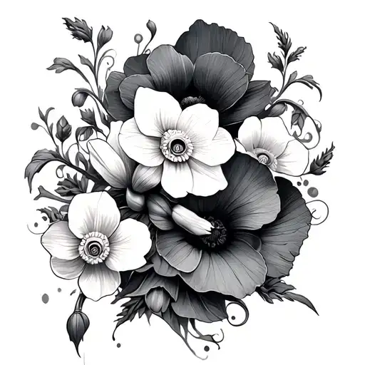 winding vine wrapping with daffodils and poppies blooming tattoo design idea