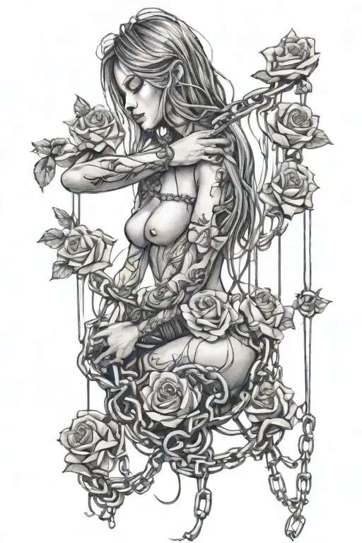 Naked girl, roots growing out of chains, roses tattoo design idea
