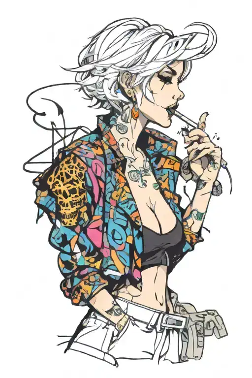 Sexy girl, Huge cleavage, petite, torn clothing, short white bob hairstyle, smoking a cigarette in mouth, side view tattoo design idea