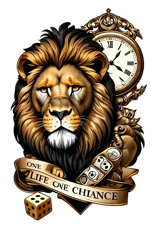 Foreman tattoo with a lion and clock and some dice somewhere saying one life one chance tattoo design idea