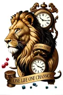 Foreman tattoo with a lion and clock and some dice somewhere saying one life one chance tattoo design idea