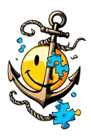 smiley face and a anchor that has a puzzle piece falling off it tattoo design idea