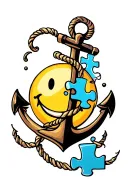 smiley face and a anchor that has a puzzle piece falling off it tattoo design idea