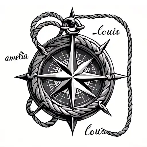 compass, anchor, rope names "amelia" & "louis" tattoo design idea